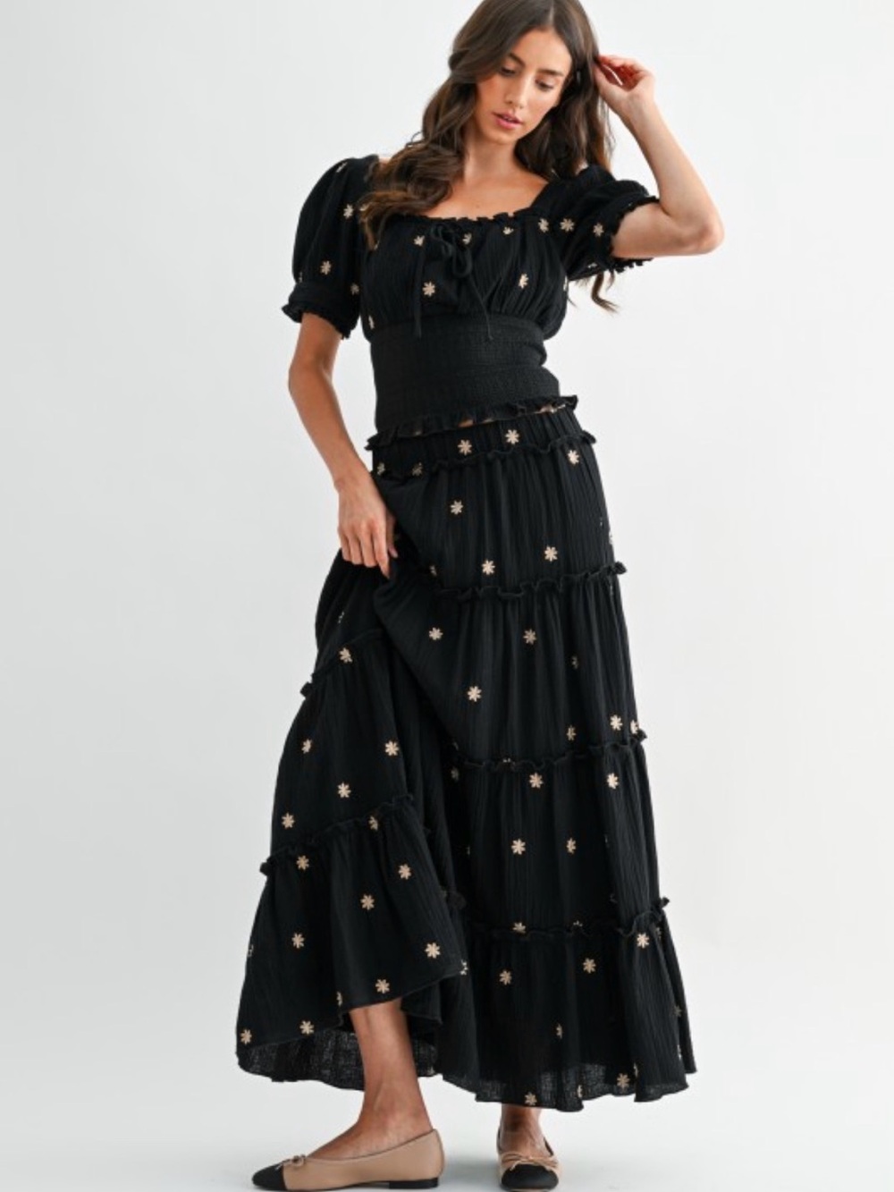 A425. Black Peasant Maxi Skirt & Top Set with Cream Floral Embroidery